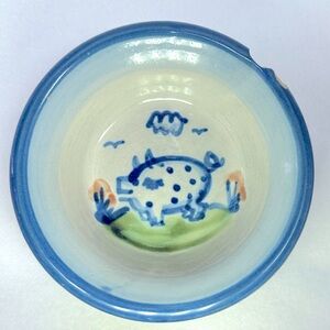 MA Hadley Pottery Hand Painted Pig Signed Small Bowl 4.5" Wide Blue a…